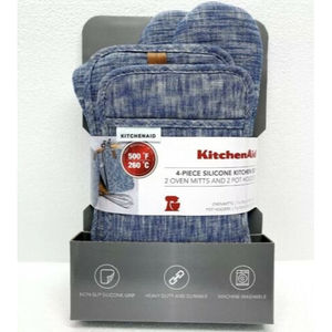 KitchenAid 4-Piece Non-Slip Silicone Kitchen Set 2 Oven Mitts+2 Pot Holders~Blue